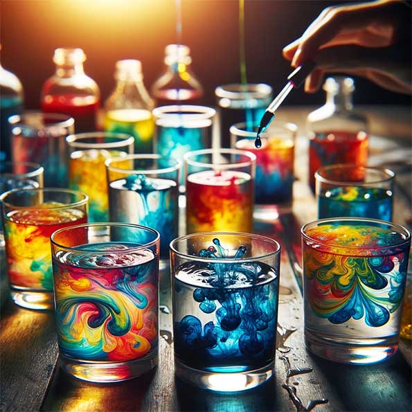 در اینجا تصویری است که آزمایشی را با رنگ‌های خوراکی نشان می‌دهد، چندین لیوان آب با رنگ‌های مختلف را نشان می‌دهد که با هم مخلوط شده‌اند و نمایشی پر جنب و جوش و مسحورکننده از رنگ‌های جدید ایجاد می‌کنند. (این تصویر واقعی نیست و توسط هوش مصنوعی تولید شده است).