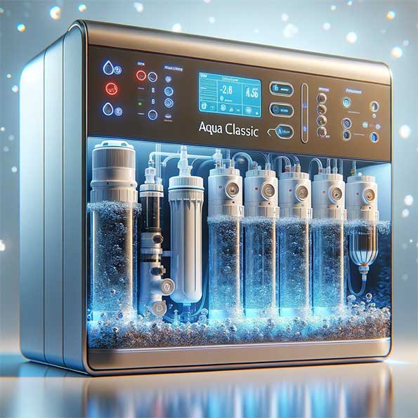 این تصویر یک دستگاه تصفیه آب برای دستگاه دیالیز بیمارستانی را به تصویر میکشد که بسیار حرفه‌ای و با استفاده از تکنولوژی هوشمند طراحی شده است (این تصویر واقعی نیست و توسط هوش مصنوعی تولید شده است).