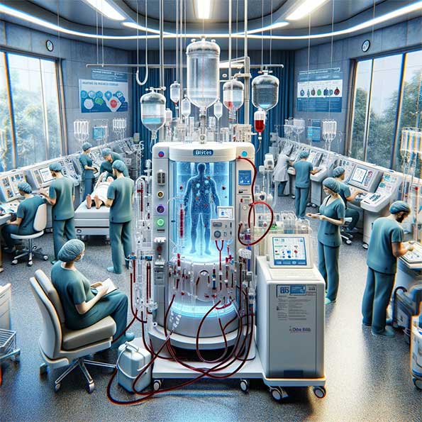 شرح تصویر: در اینجا تصویر دیگری وجود دارد که این بار روی یک بخش بیمارستانی شلوغ با یک واحد دیالیز پیشرفته با استفاده از فناوری هوش مصنوعی تمرکز دارد. (این تصویر واقعی نیست و توسط هوش مصنوعی تولید شده است).