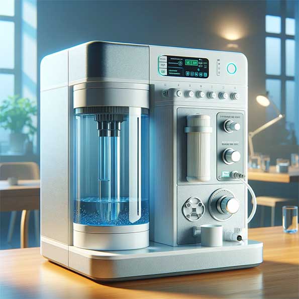 در تصویر بالا، یک دستگاه تصفیه آب نیمه صنعتی با ظرفیت 200 گالن مدل رومیزی با طراحی مدرن و کارآمد نشان داده شده است که برای کاربردهایی با مقیاس کوچکتر مانند کافه‌ها، دفاتر کوچک یا آزمایشگاه‌ها طراحی شده است. (این تصویر واقعی نیست و توسط هوش مصنوعی نقاشی شده است).